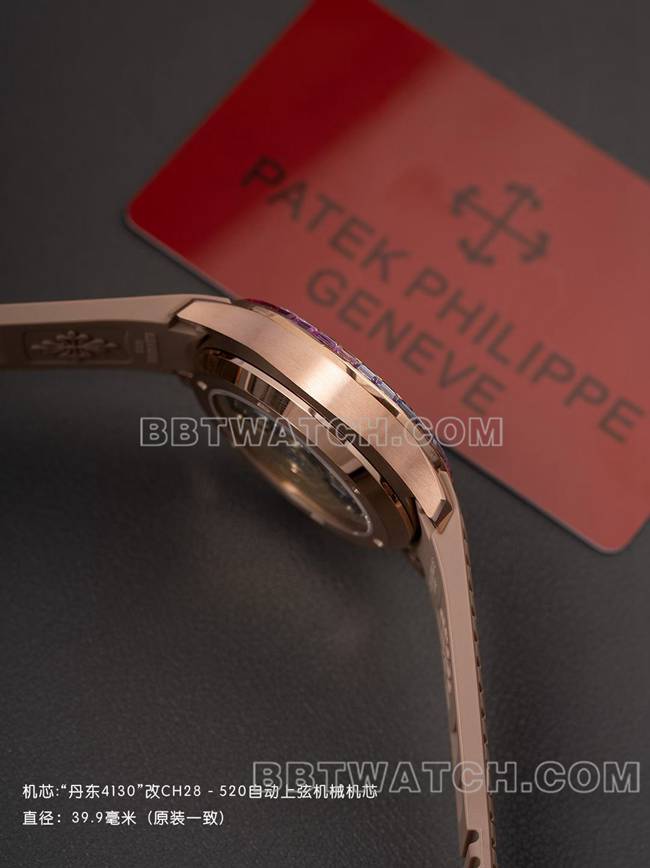 1:1复刻手表PPM厂百达翡丽Aquanaut机械浅棕色橡胶表带侧面实拍图