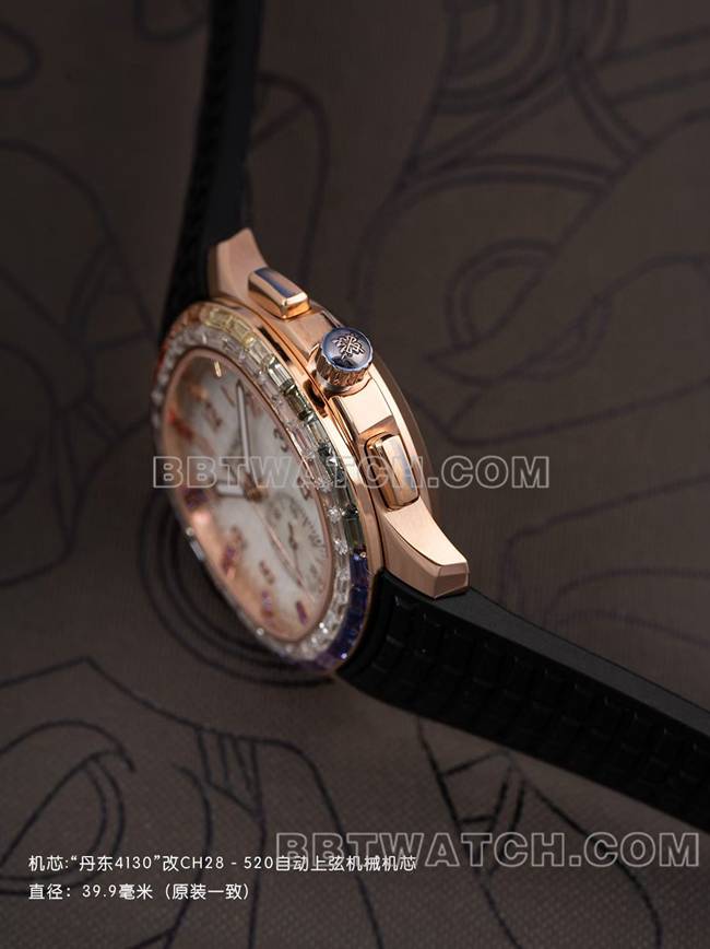 超级克隆手表PPM厂百达翡丽Aquanaut机械黑色橡胶表带侧面实拍图