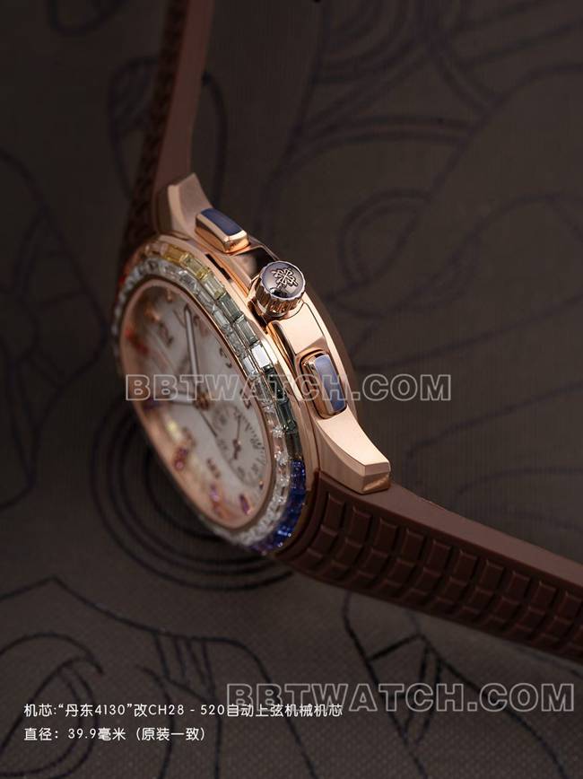 最佳复刻手表PPM厂百达翡丽Aquanaut机械棕色橡胶表带侧面实拍图