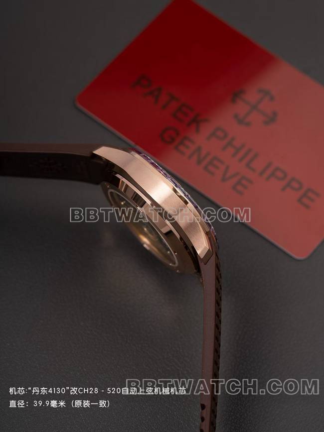 最佳复刻手表PPM厂百达翡丽Aquanaut机械棕色橡胶表带侧面实拍图