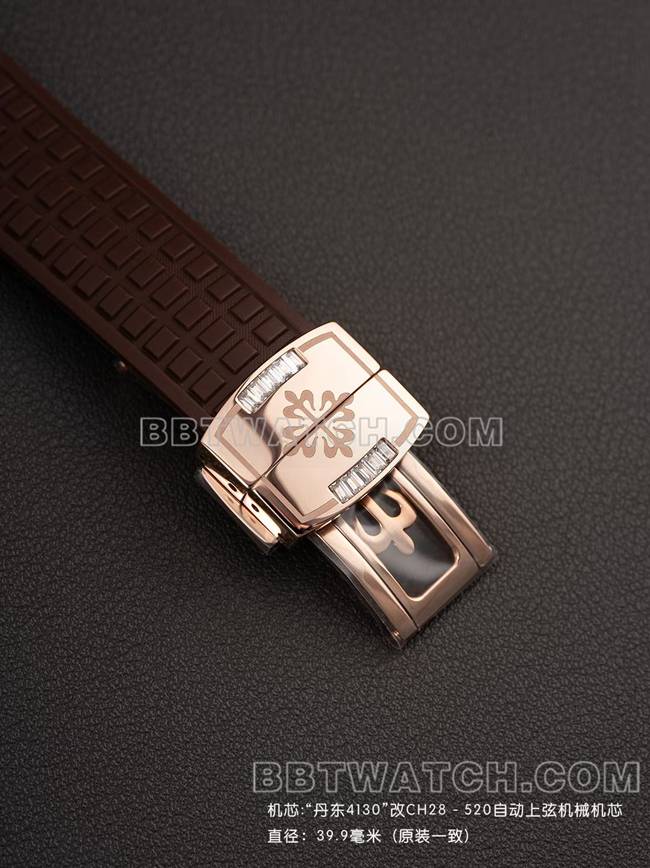 最佳复刻手表PPM厂百达翡丽Aquanaut机械棕色橡胶表带表扣实拍图