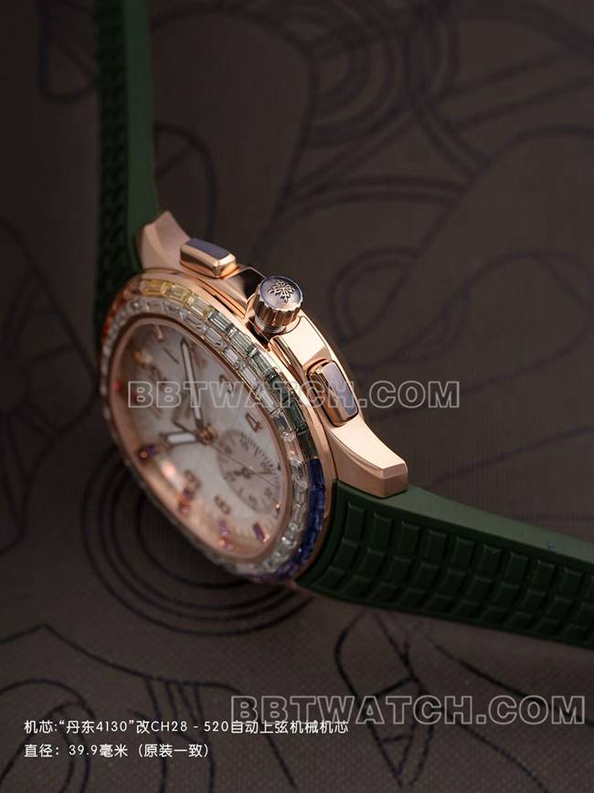 顶级复刻手表百达翡丽PPM厂Aquanaut机械绿色橡胶表带侧面实拍图