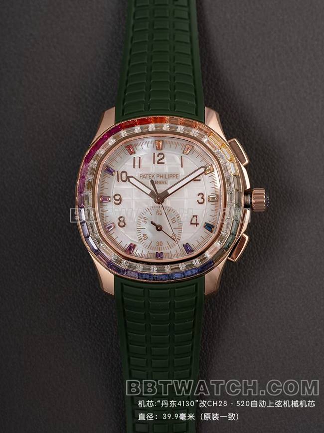 顶级复刻手表百达翡丽PPM厂Aquanaut机械绿色橡胶表带正面实拍图