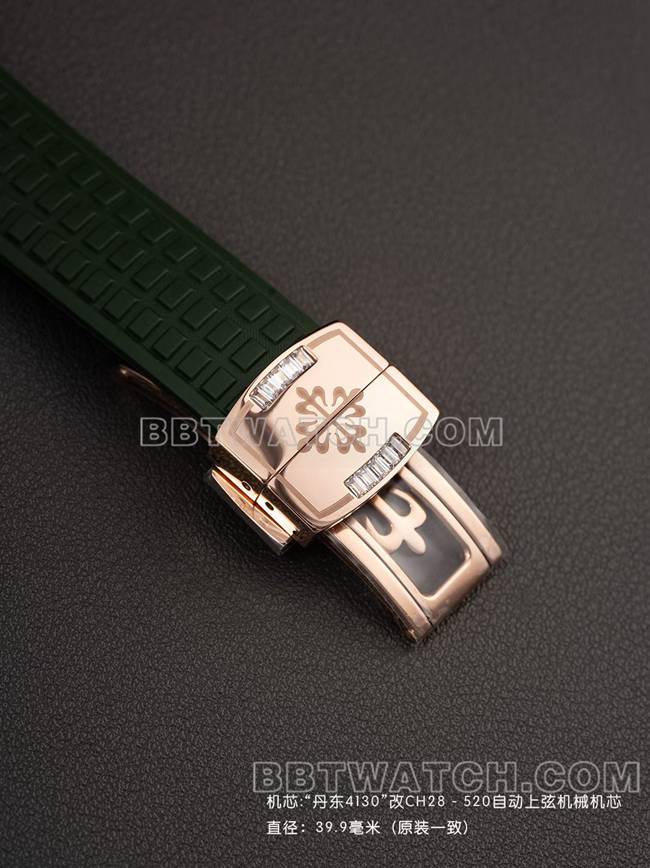 顶级复刻手表百达翡丽PPM厂Aquanaut机械绿色橡胶表带表扣实拍图