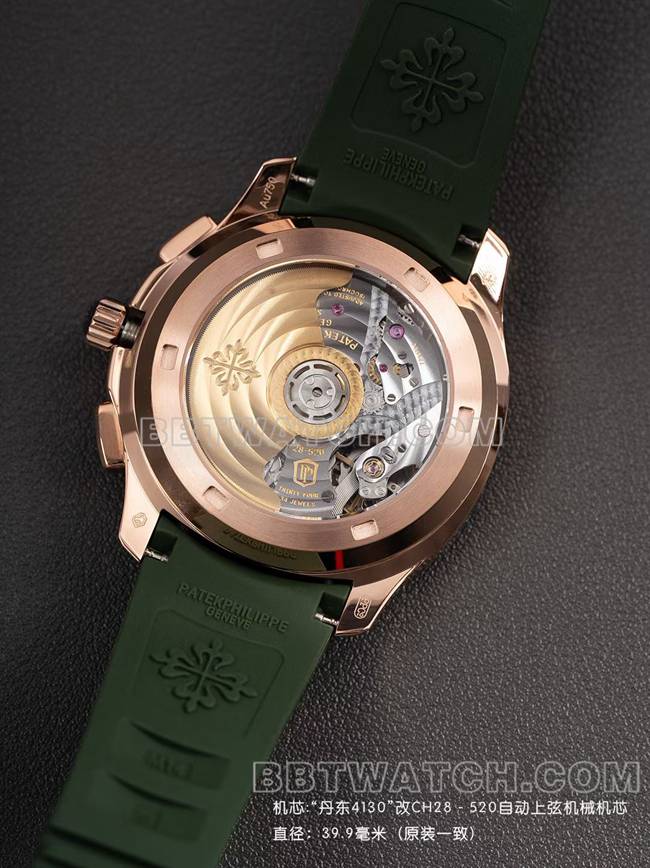 顶级复刻手表百达翡丽PPM厂Aquanaut机械绿色橡胶表带背面实拍图