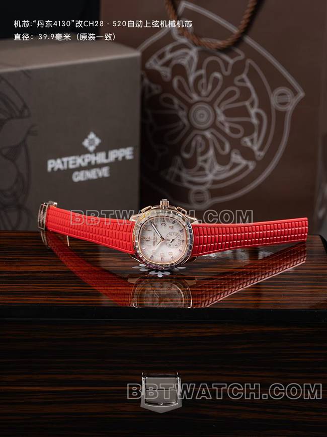 最优复刻手表百达翡丽PPM厂Aquanaut机械红色橡胶表带正面实拍图