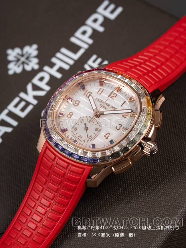 最优复刻手表百达翡丽PPM厂Aquanaut机械红色橡胶表带正面实拍图