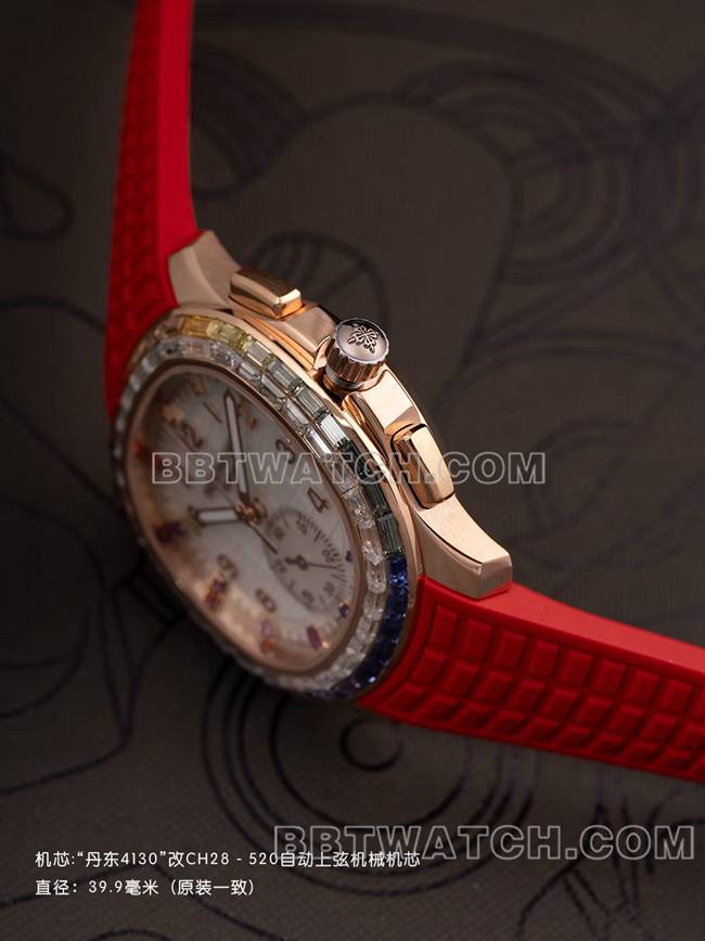 最优复刻手表百达翡丽PPM厂Aquanaut机械红色橡胶表带侧面实拍图