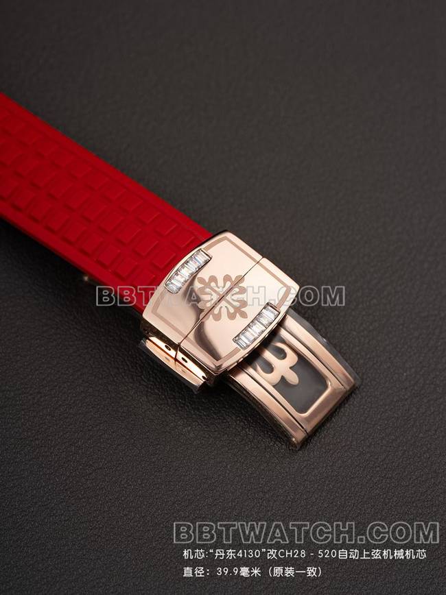 最优复刻手表百达翡丽PPM厂Aquanaut机械红色橡胶表带表扣实拍图