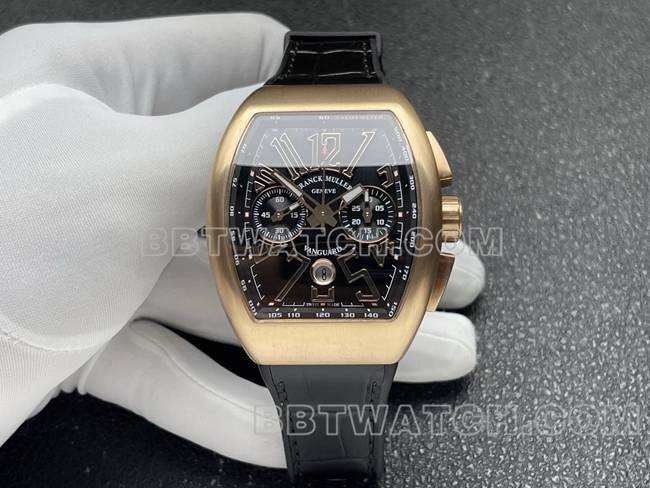 顶级复刻手表ABF厂法兰克穆勒V45黑盘玫瑰金壳皮革表带正面实拍图