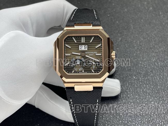 顶级复刻手表P1厂百达翡丽CUBITUS棕盘玫瑰金5822P-001正面实拍图