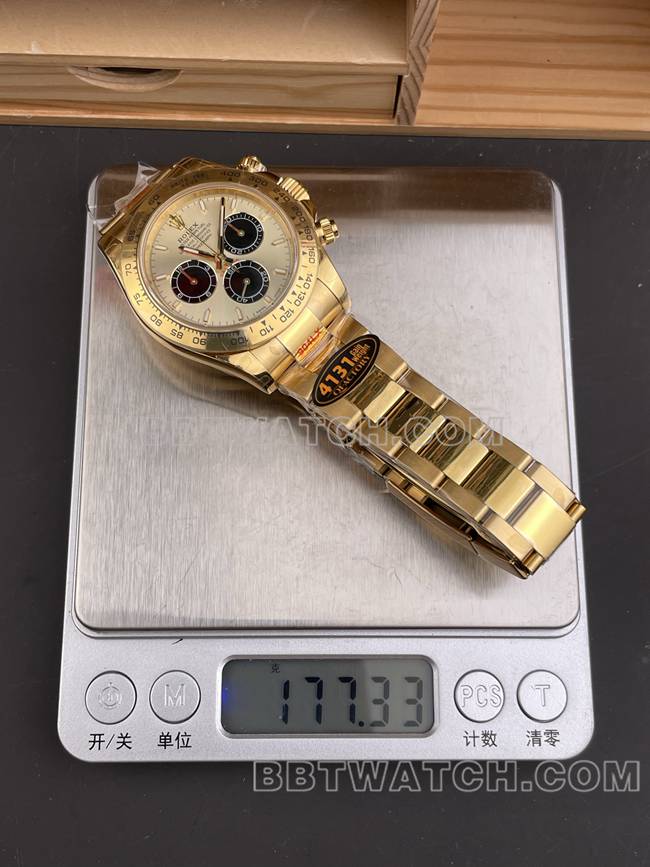 最优复刻手表QF厂迪通拿劳力士金盘黄金4131机械重量实拍图