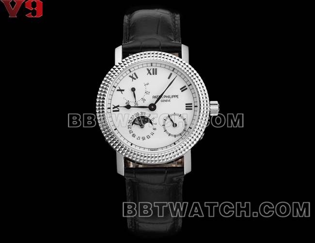 顶级复刻手表复杂功能时计V9厂百达翡丽白盘皮革表带正面实拍图