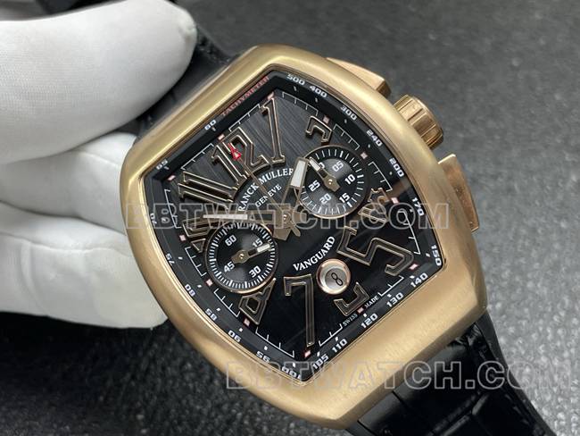 顶级复刻手表ABF厂法兰克穆勒V45黑盘玫瑰金壳皮革表带正面实拍图