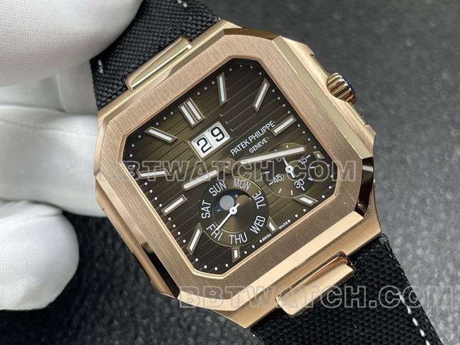 顶级复刻手表P1厂百达翡丽CUBITUS棕盘玫瑰金5822P-001正面实拍图