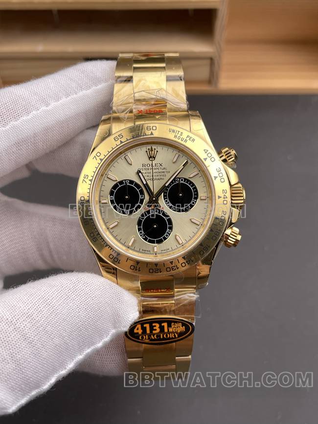 最优复刻手表QF厂迪通拿劳力士金盘黄金4131正面实拍图
