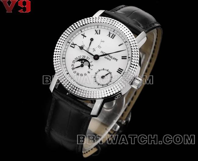 顶级复刻手表复杂功能时计V9厂百达翡丽白盘皮革表带正面实拍图