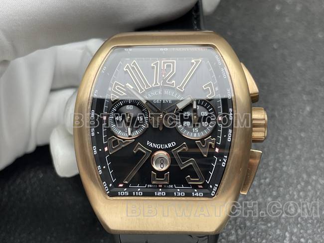 顶级复刻手表ABF厂法兰克穆勒V45黑盘玫瑰金壳皮革表带正面实拍图