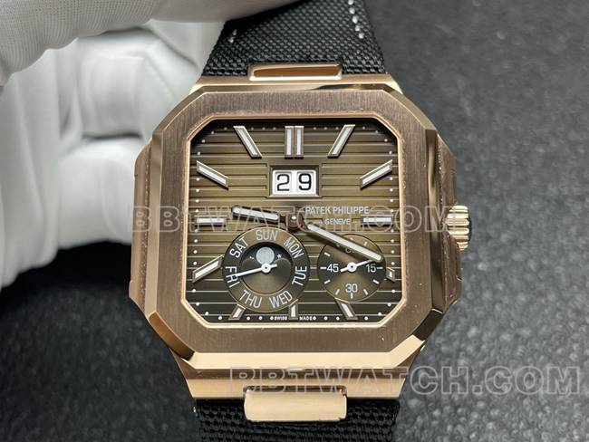 顶级复刻手表P1厂百达翡丽CUBITUS棕盘玫瑰金5822P-001正面实拍图