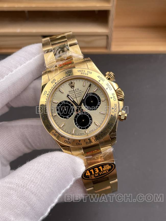 最优复刻手表QF厂迪通拿劳力士金盘黄金4131正面实拍图
