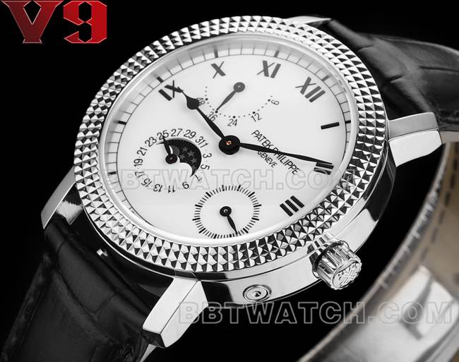 顶级复刻手表复杂功能时计V9厂百达翡丽白盘皮革表带正面实拍图