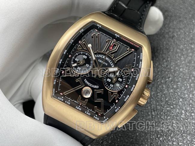 顶级复刻手表ABF厂法兰克穆勒V45黑盘玫瑰金壳皮革表带正面实拍图