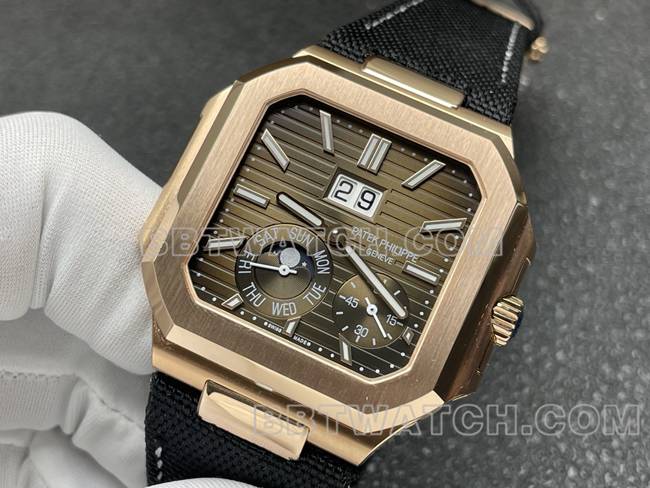 顶级复刻手表P1厂百达翡丽CUBITUS棕盘玫瑰金5822P-001正面实拍图