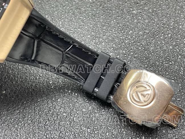 顶级复刻手表ABF厂法兰克穆勒V45黑盘玫瑰金壳皮革表带表带实拍图