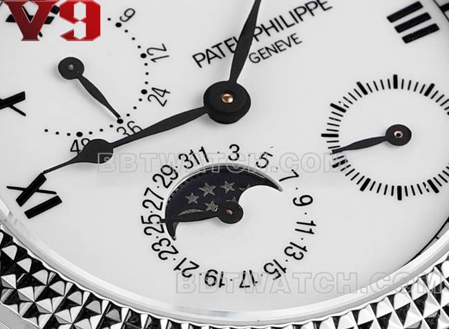 顶级复刻手表复杂功能时计V9厂百达翡丽白盘皮革表带正面实拍图