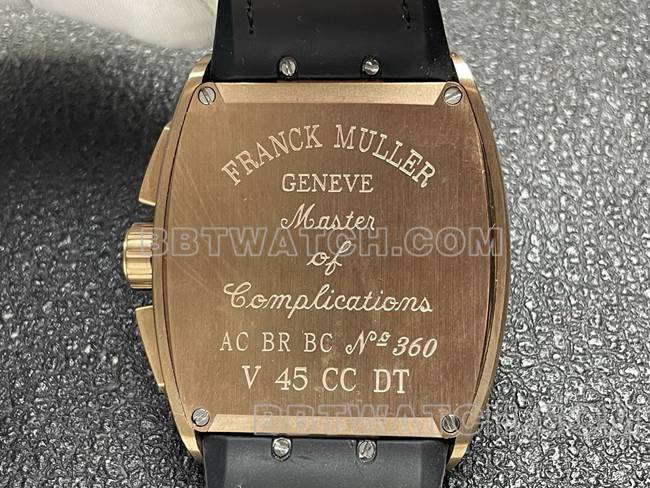 顶级复刻手表ABF厂法兰克穆勒V45黑盘玫瑰金壳皮革表带背面实拍图