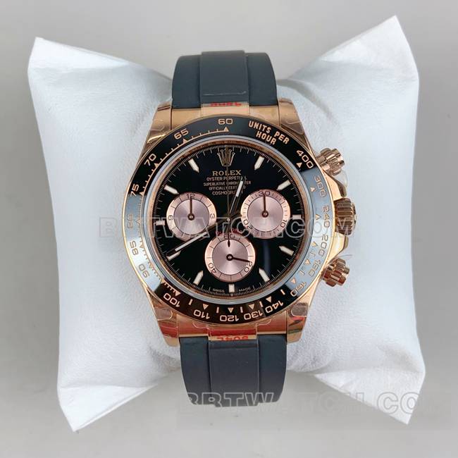 顶级复刻手表QF迪通拿劳力士黑盘玫瑰金4131机械正面实拍图