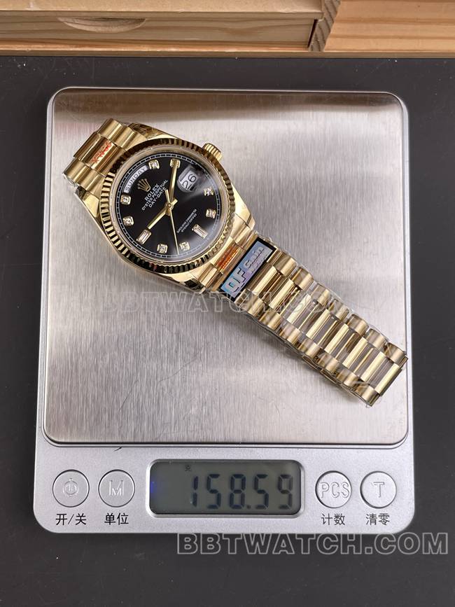 顶级复刻手表QF厂星期日历劳力士黑盘黄金2836机械36mm重量实拍图
