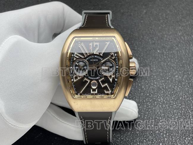 最优复刻手表ABF厂法兰克穆勒V45灰盘玫瑰金壳皮革表带正面实拍图