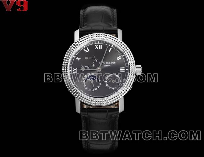 最优复刻手表复杂功能时计V9厂百达翡丽黑盘皮革表带正面实拍图