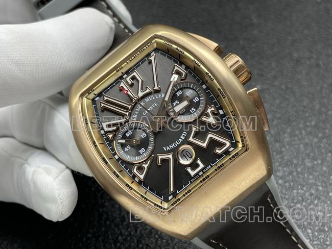 最优复刻手表ABF厂法兰克穆勒V45灰盘玫瑰金壳皮革表带正面实拍图