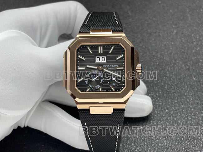 最优复刻手表P1厂百达翡丽CUBITUS黑盘玫瑰金5822P-001正面实拍图