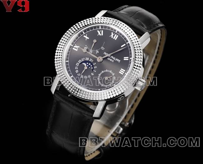 最优复刻手表复杂功能时计V9厂百达翡丽黑盘皮革表带正面实拍图