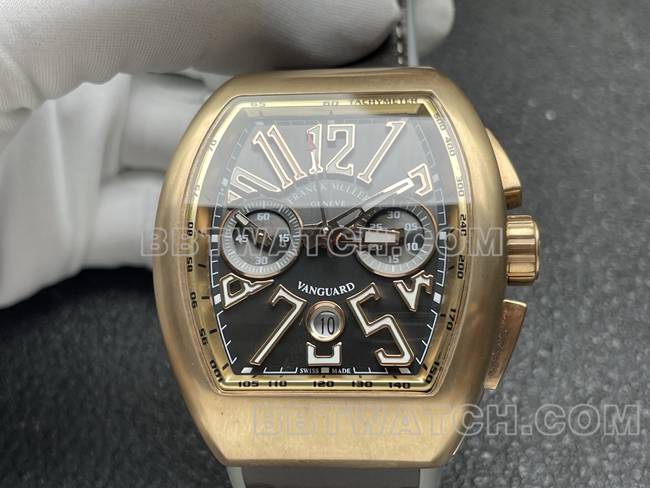 最优复刻手表ABF厂法兰克穆勒V45灰盘玫瑰金壳皮革表带正面实拍图