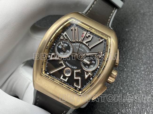 最优复刻手表ABF厂法兰克穆勒V45灰盘玫瑰金壳皮革表带正面实拍图