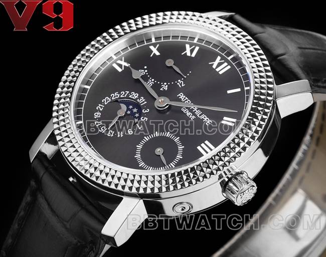 最优复刻手表复杂功能时计V9厂百达翡丽黑盘皮革表带正面实拍图