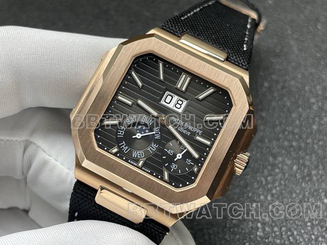 最优复刻手表P1厂百达翡丽CUBITUS黑盘玫瑰金5822P-001正面实拍图