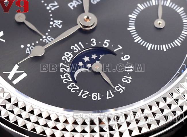 最优复刻手表复杂功能时计V9厂百达翡丽黑盘皮革表带正面实拍图