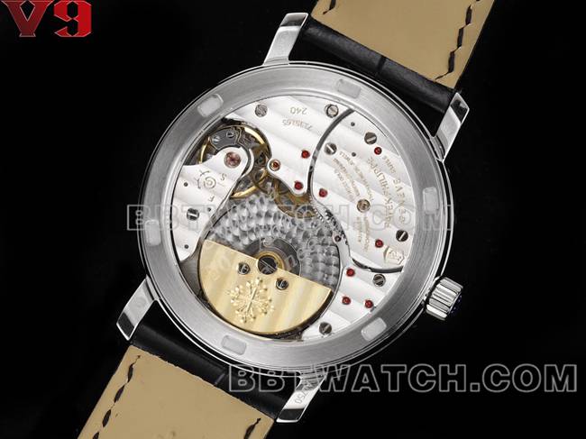 最优复刻手表复杂功能时计V9厂百达翡丽黑盘皮革表带背面实拍图