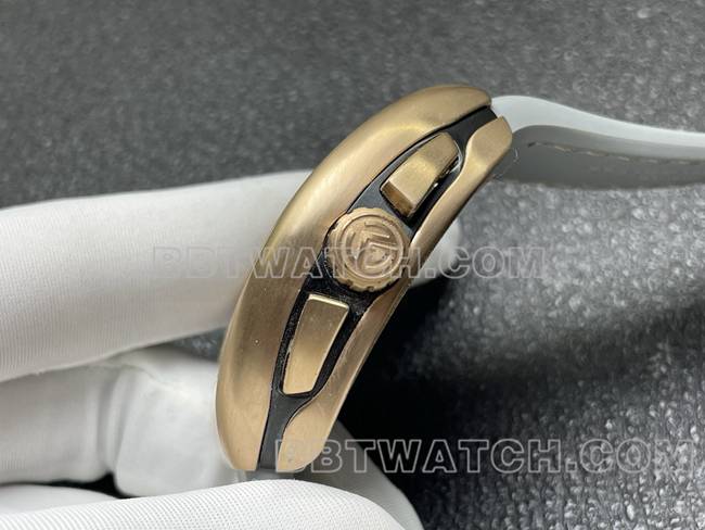 最优复刻手表ABF厂法兰克穆勒V45灰盘玫瑰金壳皮革表带侧面实拍图