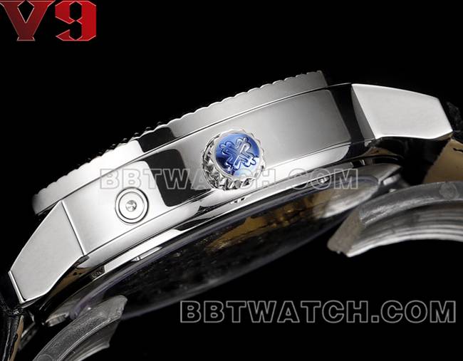 最优复刻手表复杂功能时计V9厂百达翡丽黑盘皮革表带侧面实拍图