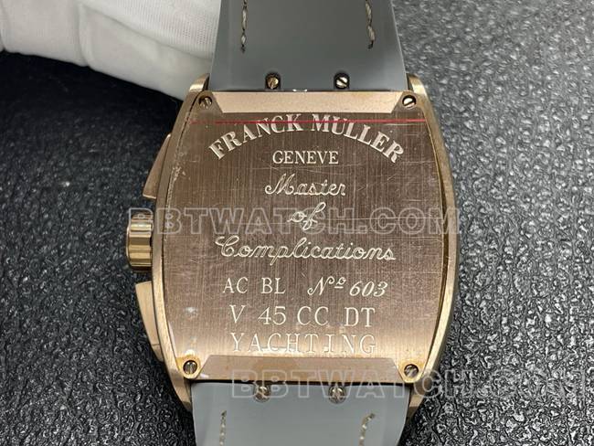 最优复刻手表ABF厂法兰克穆勒V45灰盘玫瑰金壳皮革表带背面实拍图