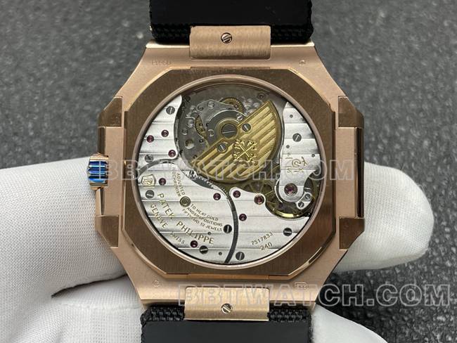 最优复刻手表P1厂百达翡丽CUBITUS黑盘玫瑰金5822P-001背面实拍图