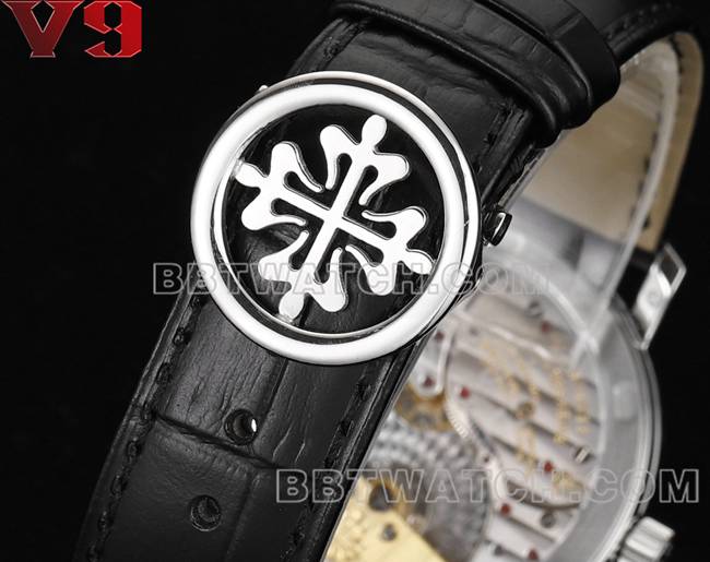 最优复刻手表复杂功能时计V9厂百达翡丽黑盘皮革表带表带实拍图