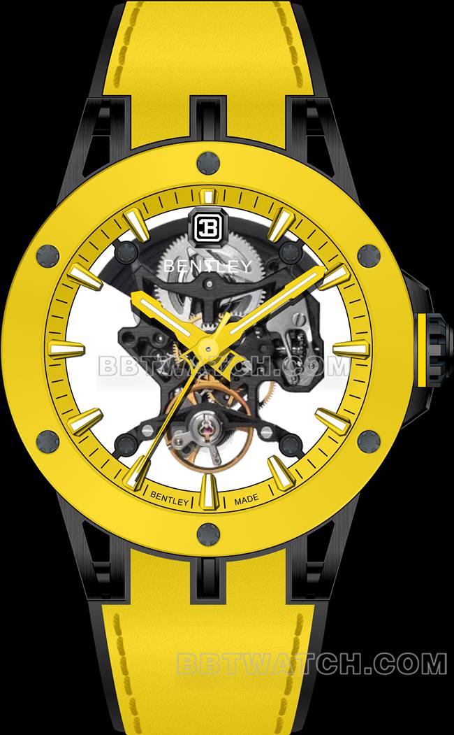 顶级复刻手表宾利BL-62巅峰黄色橡胶表带正面实拍图