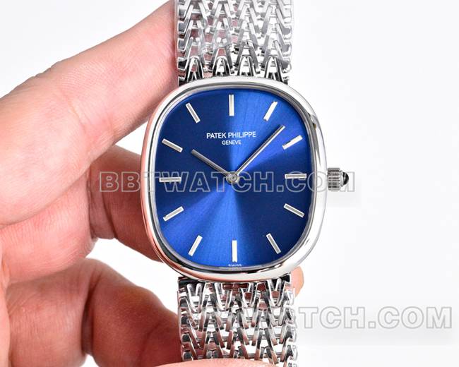 顶级复刻手表百达翡丽GOLDEN ELLIPSE蓝盘5738正面实拍图